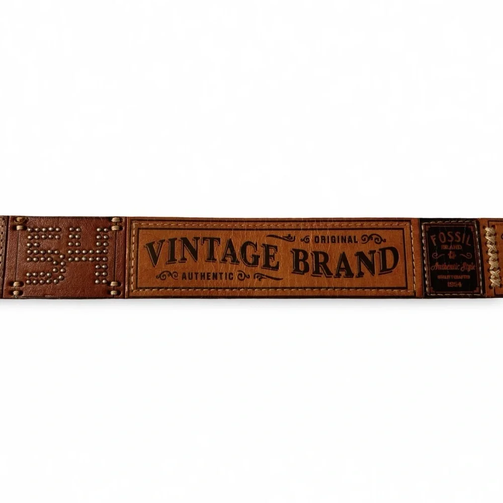 Rare Y2K VTG Fossil 54 Logo Patchwork Leather Belt | Size Medium M - Picture 12 of 14
